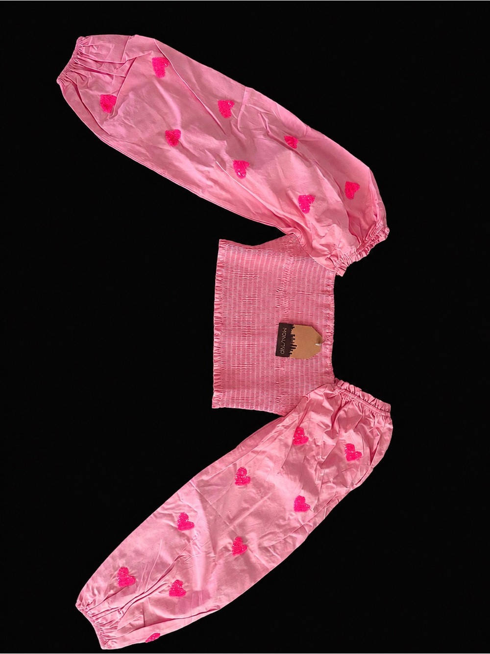 Main Strip Pink Smocked Crop Top with Puff Heart Sleeves